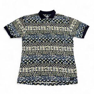 Vintage 90s Arizona Jean Co All Over Print Polo Shirt Aztec Geometric Mens M AOP